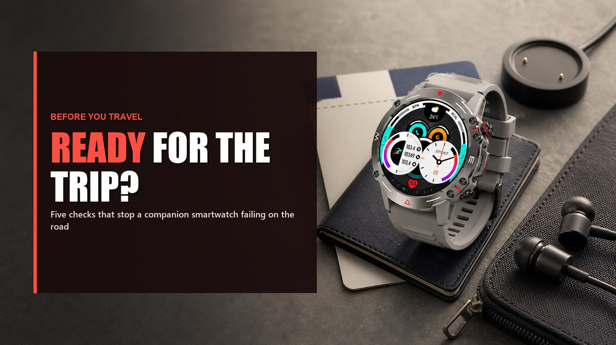 Phonemax Watch 1 on a travel flat lay with charging puck and earphones, headed with the question of whether the watch is ready for the trip