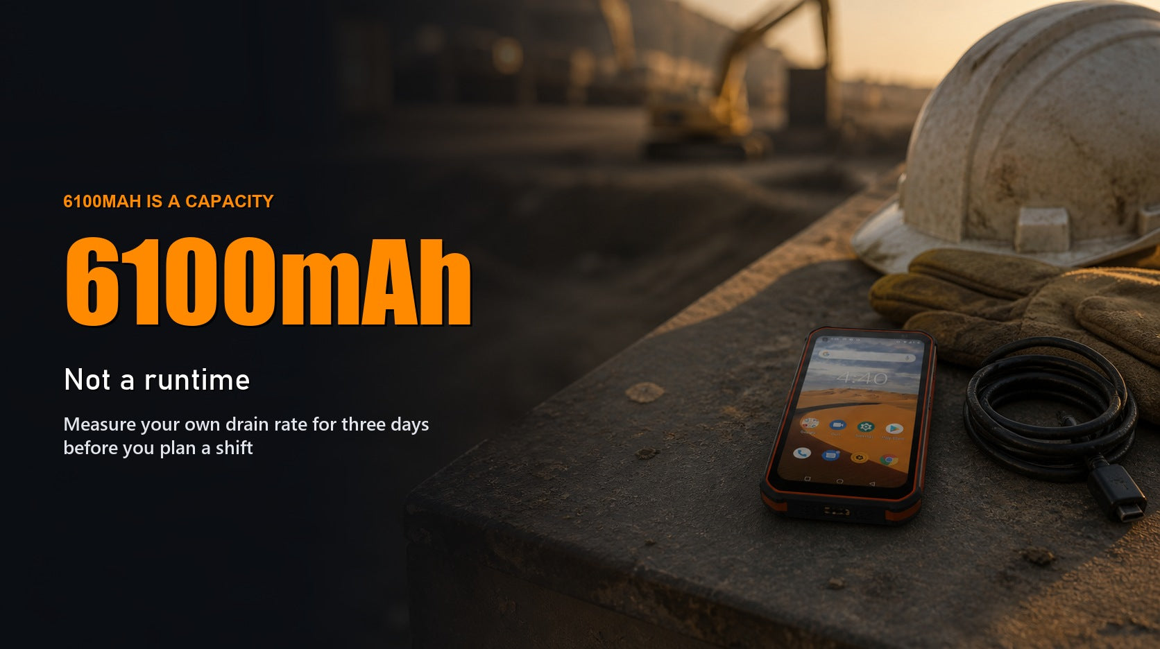 Phonemax P2 on a site bench at the end of a work shift, headed with the point that battery capacity is not runtime