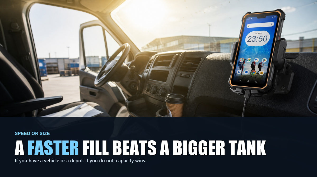 Phonemax M10 charging in a van cab during a break between drops, headed with the point that a faster fill beats a bigger tank