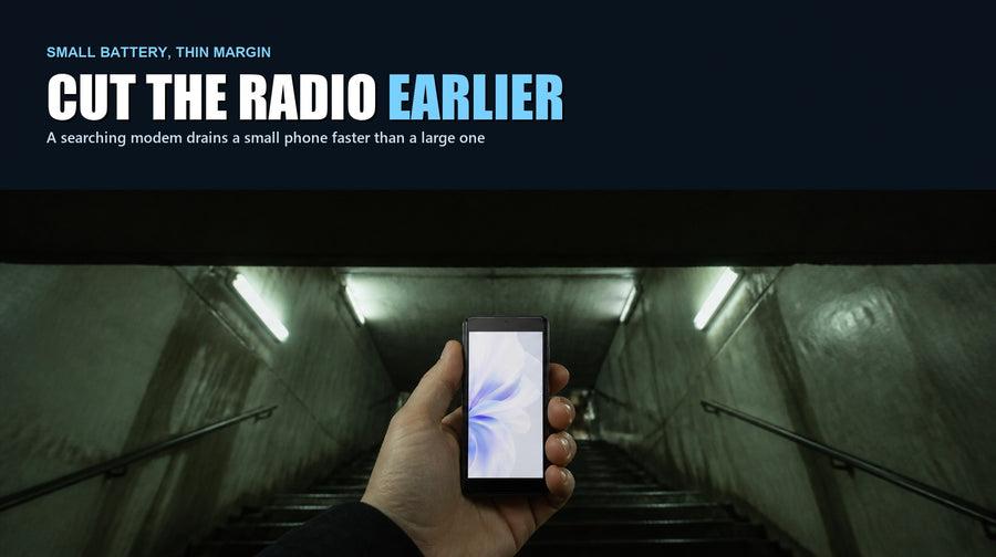 Phonemax Q9 Mini held in a city underpass with no signal, headed with advice to cut the radio earlier on a small-battery phone