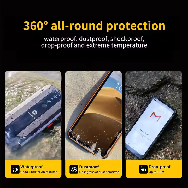 Orange Phonemax rugged smartphone lying in shallow water on a rocky surface