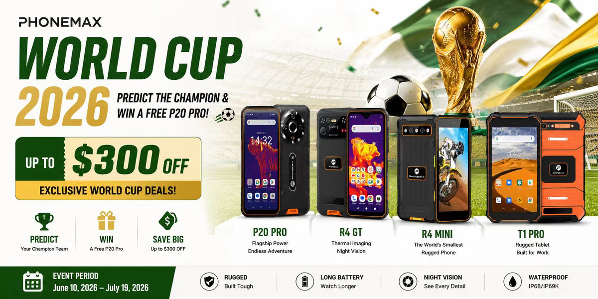 Phonemax World Cup 2026 promotion showing four rugged mobile devices and offer details