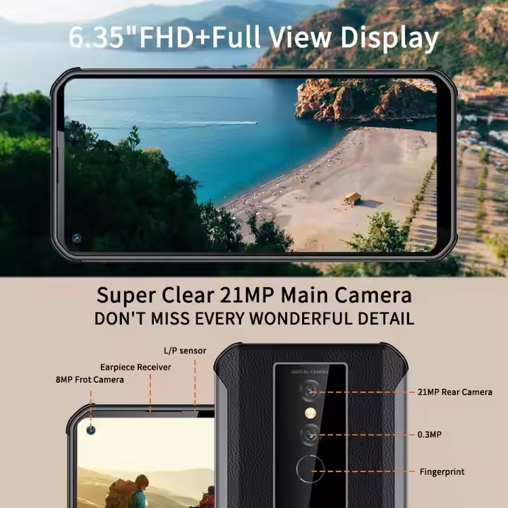 Phonemax rugged smartphone display and camera specification graphic with annotated rear cameras