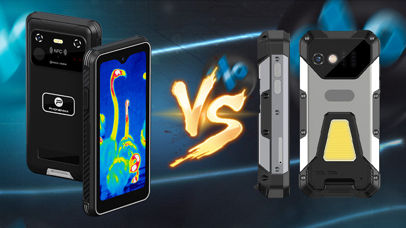 Phonemax R4 GT and Mini Tank rugged smartphones shown side by side for comparison