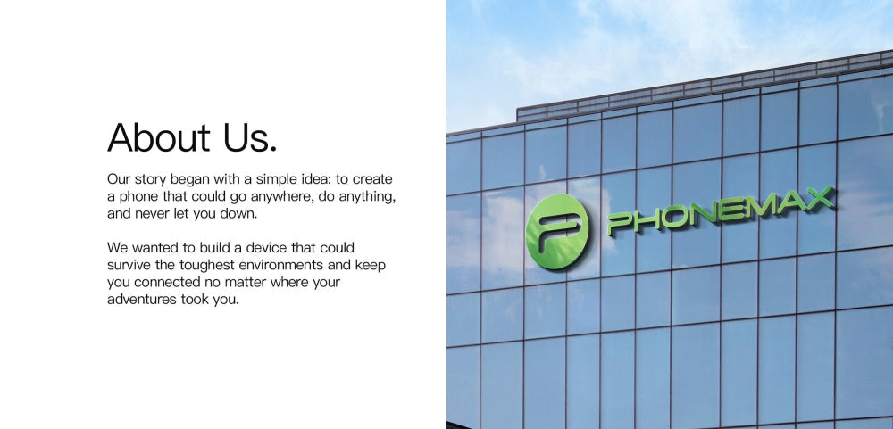 Phonemax company building and About Us panel introducing the brand