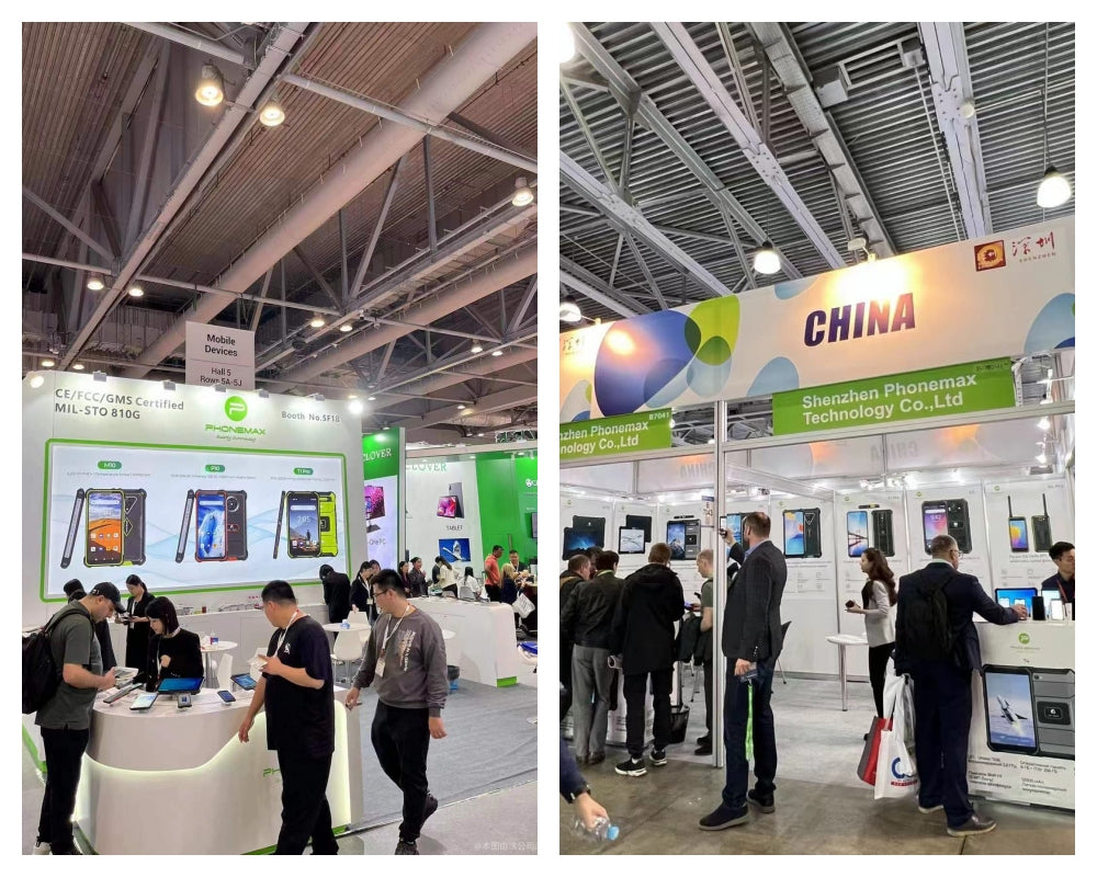 Phonemax exhibition booth with visitors viewing rugged mobile devices at a trade show