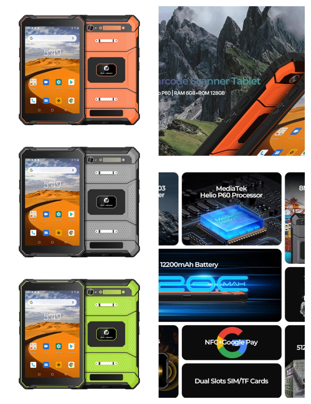 Collage of Phonemax T1 Pro rugged tablets in orange, black and green with feature panels