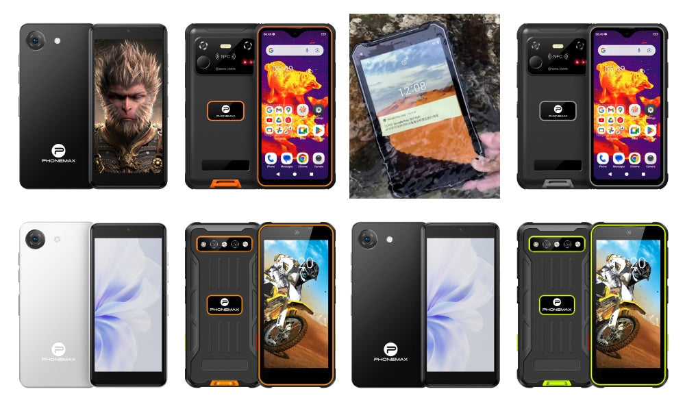 Collection of Phonemax rugged smartphones and tablets shown in multiple colors and form factors