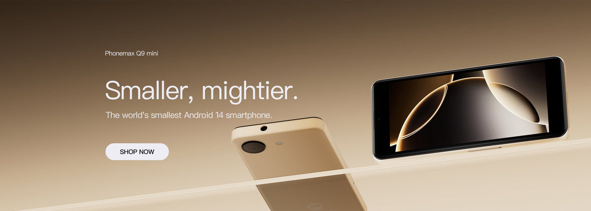 White and black Phonemax Q9 Mini phones shown in slim side views on a beige studio set