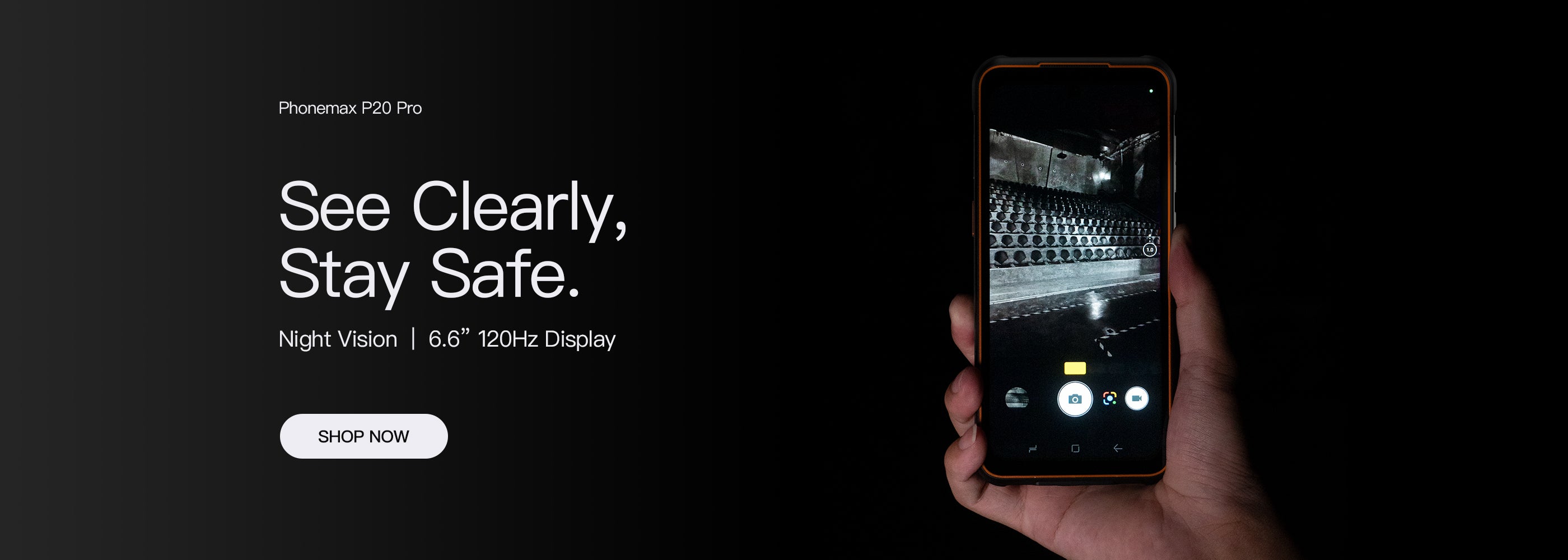 Phonemax P20 Pro held in the dark, highlighting night vision and a 6.6-inch 120Hz display