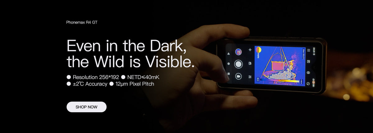 Phonemax rugged phone held in the dark with a thermal image visible on screen