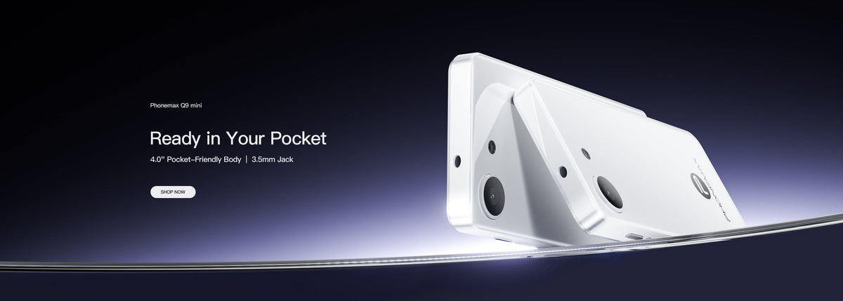 White Phonemax Q9 Mini phones shown in a wide pocket-ready product banner
