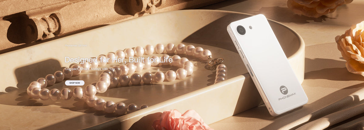 White Phonemax Q9 Mini phones displayed in slim side-profile views on a beige background