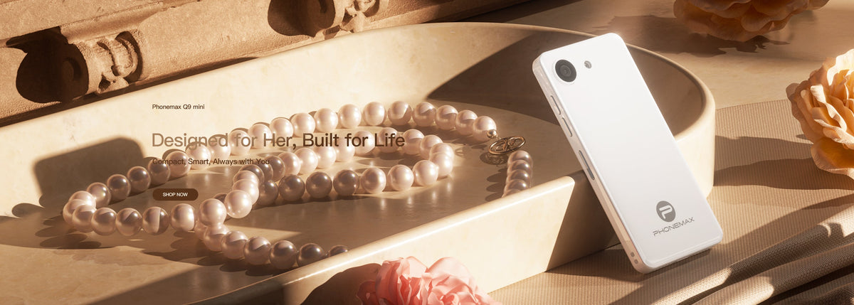 White Phonemax Q9 Mini phones displayed in slim side-profile views on a beige background