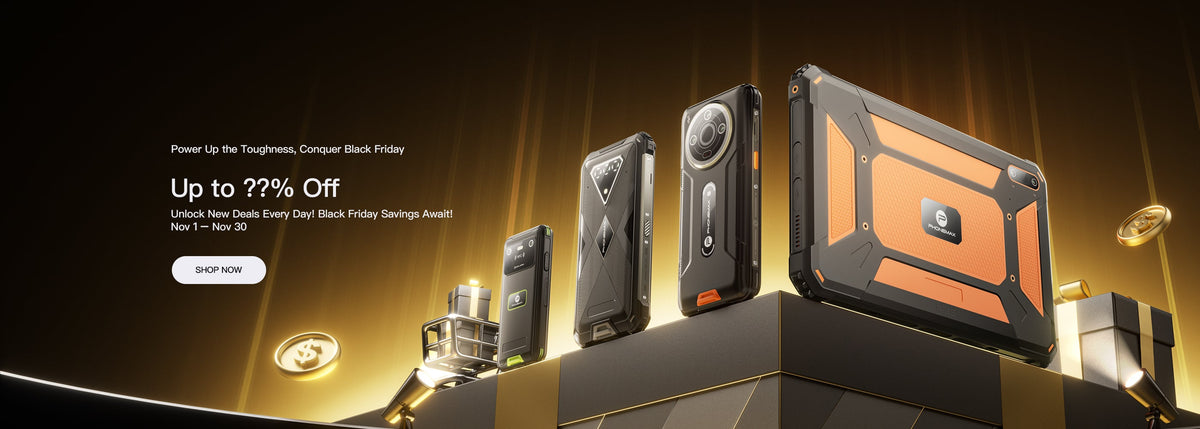 Phonemax rugged devices displayed in a black and gold seasonal discount banner