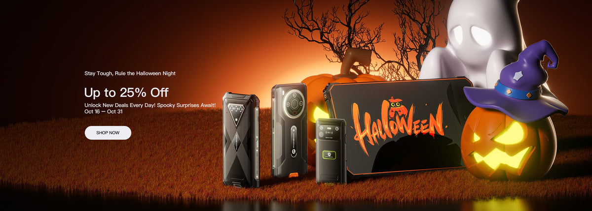 Phonemax rugged phone lineup in a Halloween promotion with pumpkins and seasonal graphics