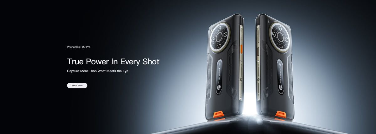 Two Phonemax P20 Pro phones highlighting a 200MP camera in a wide studio banner