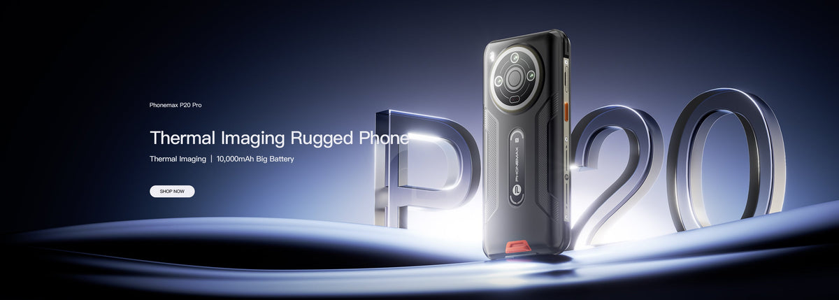 Phonemax P20 Pro thermal imaging phone beside a large 200 graphic on a dark studio background