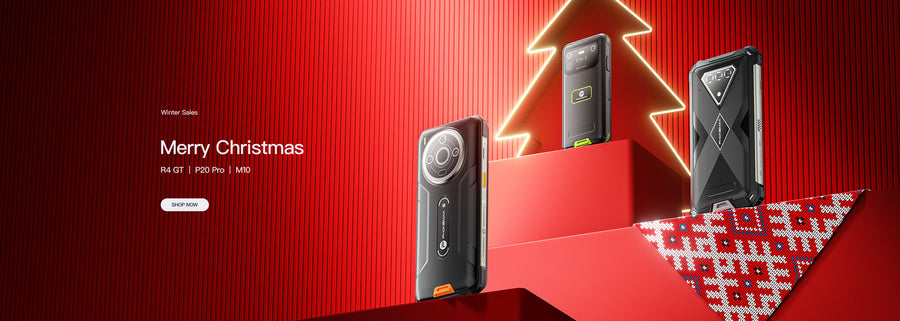 Phonemax rugged phone lineup arranged in a red Christmas promotional banner