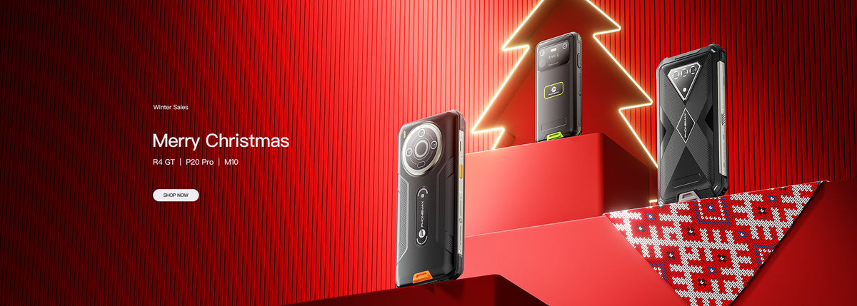 Phonemax rugged phone lineup arranged in a red Christmas promotional banner