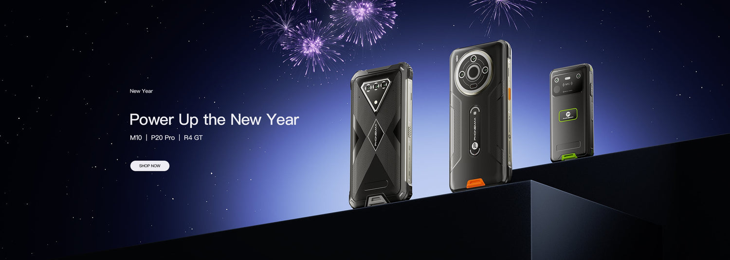 Phonemax rugged phone lineup displayed in a dark blue New Year promotional banner
