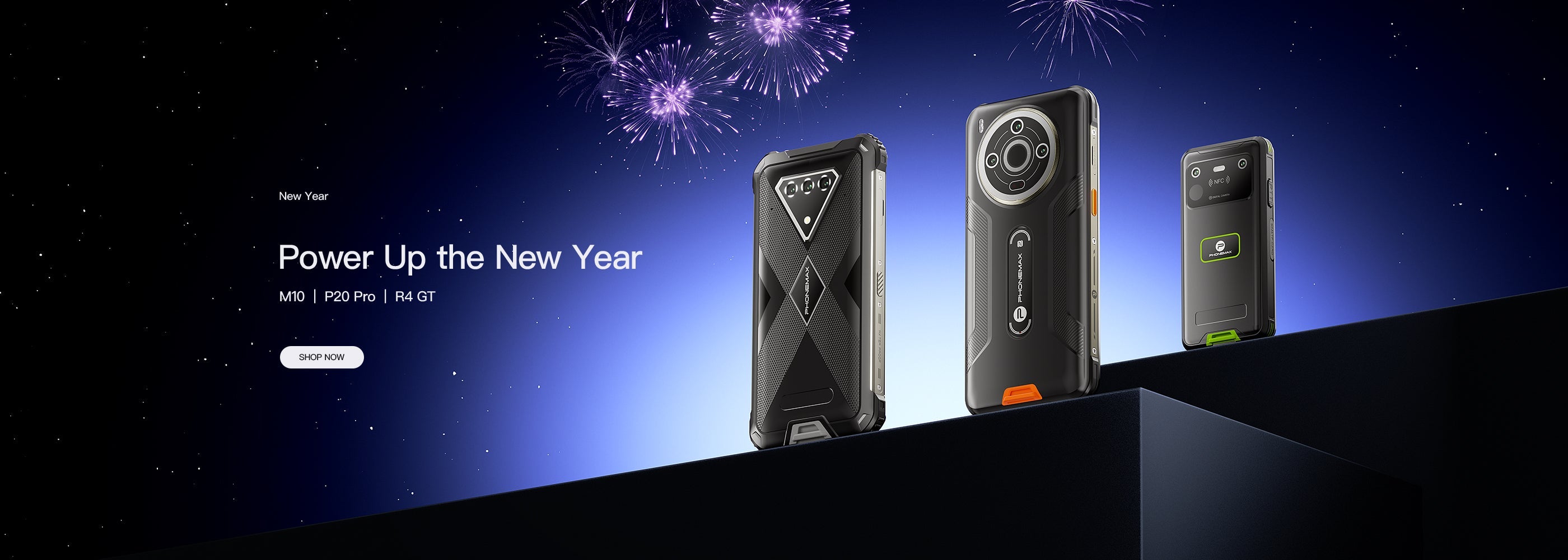 Phonemax rugged phone lineup displayed in a dark blue New Year promotional banner