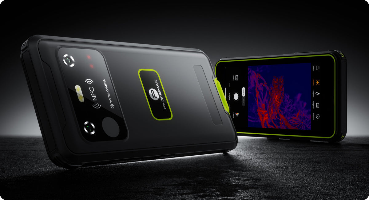 Phonemax P20 Pro shown from the front and rear with a thermal imaging display