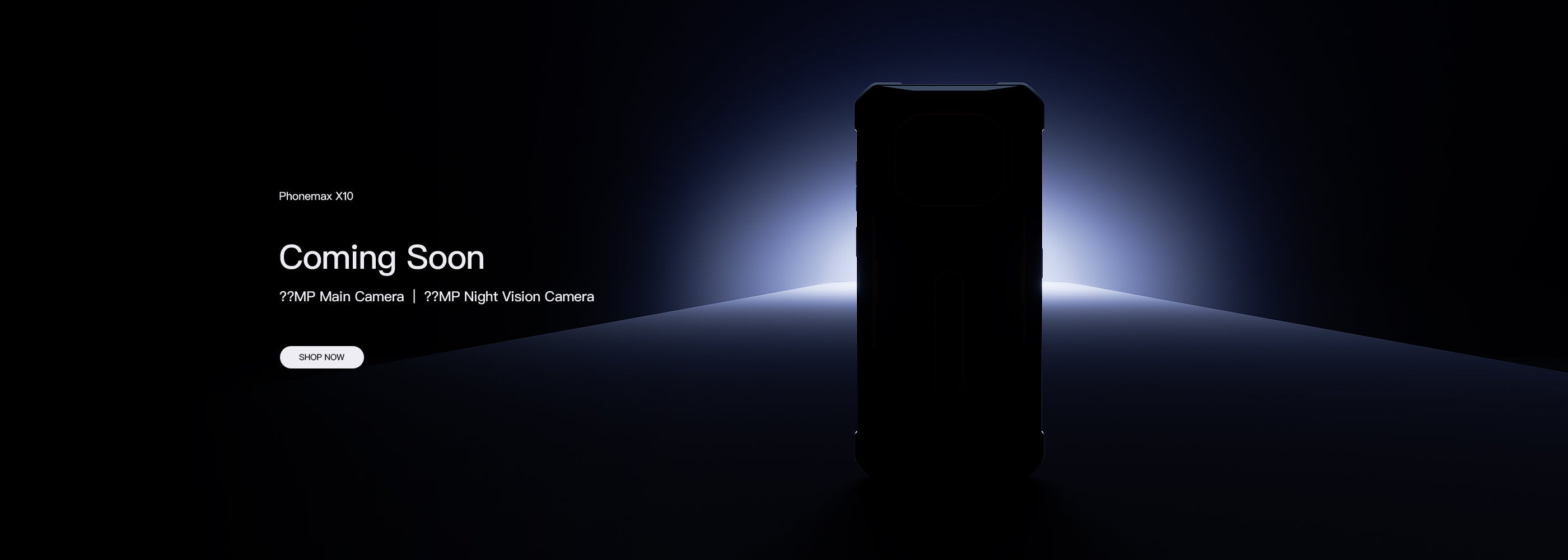 Wide coming-soon banner showing a Phonemax smartphone silhouette against blue light