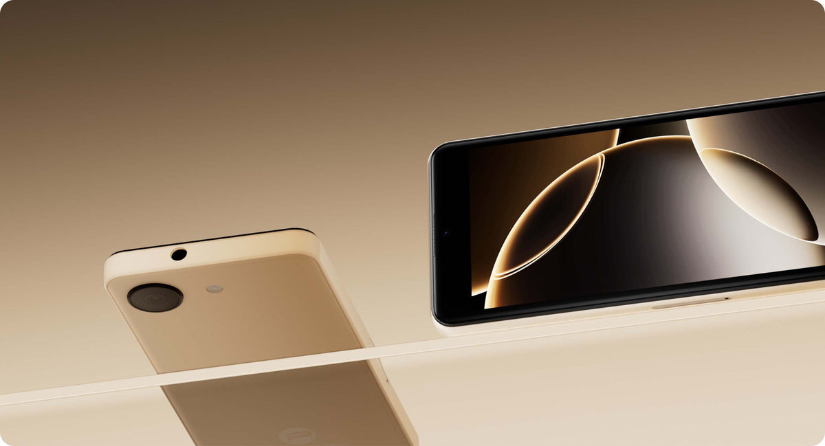 White and black Phonemax Q9 Mini phones shown in slim side-profile views on a beige background