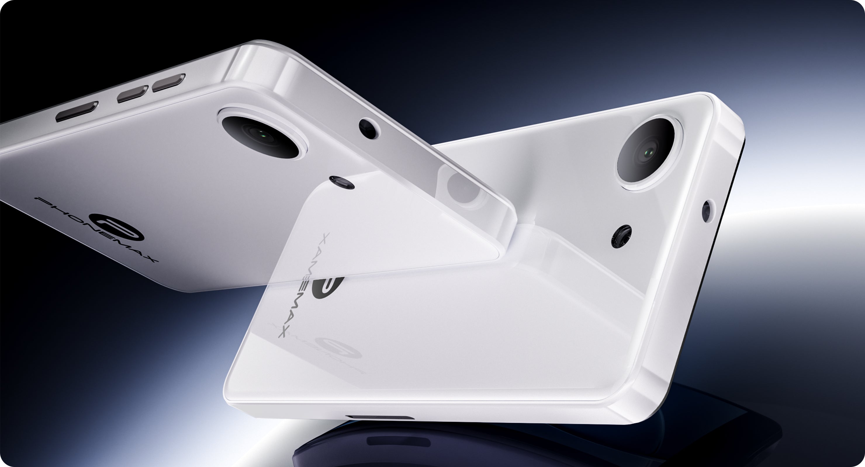 White and black Phonemax Q9 Mini phones shown in slim side-profile views on a beige background