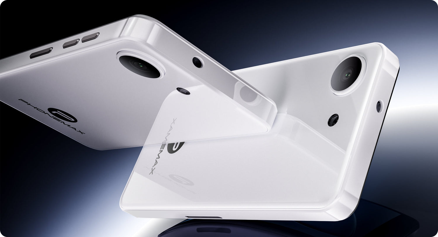 White and black Phonemax Q9 Mini phones shown in slim side-profile views on a beige background