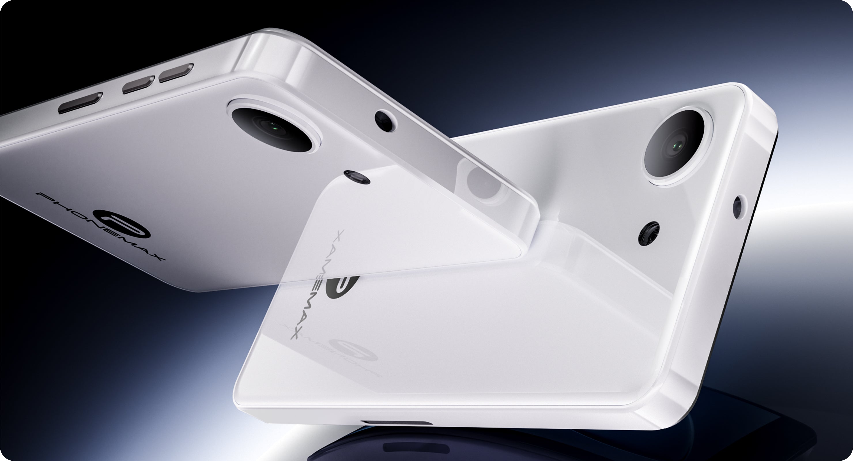 White and black Phonemax Q9 Mini phones shown in slim side-profile views on a beige background