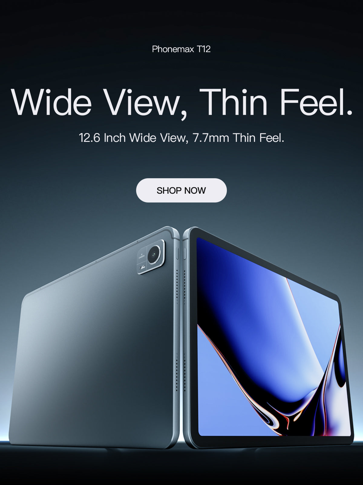 Phonemax T12 tablet shown in slim front and rear views on a dark studio background