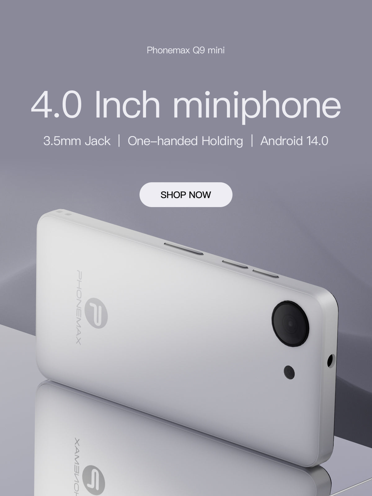White Phonemax Q9 Mini 4-inch compact phone shown from the rear on a light gray background