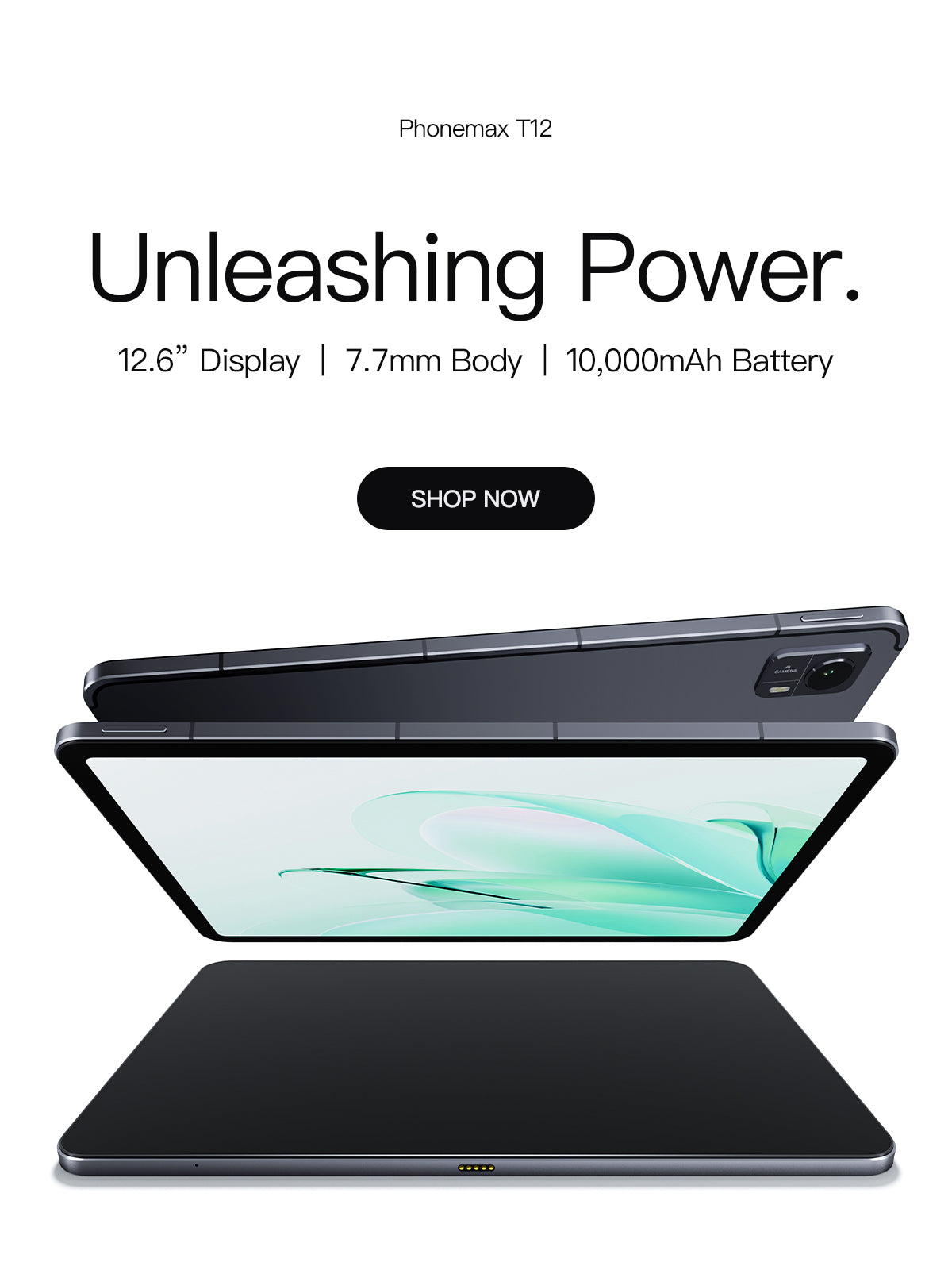 Phonemax T12 tablet shown with a keyboard case, highlighting its 12.6-inch display and 10,000mAh battery
