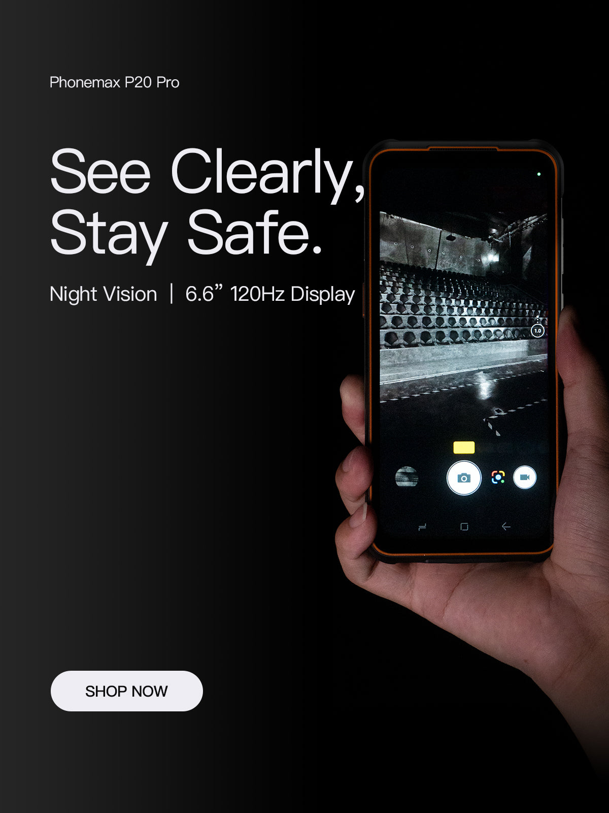 Phonemax rugged phone held in darkness to demonstrate a night vision camera display