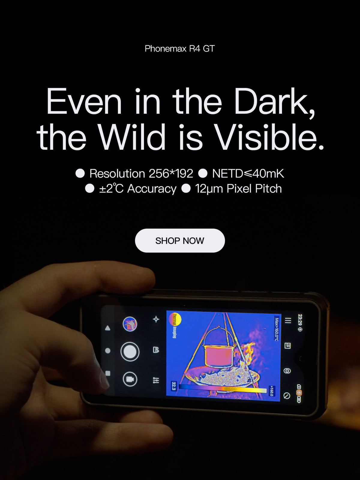 Phonemax R4 GT held in darkness with a thermal imaging interface on screen