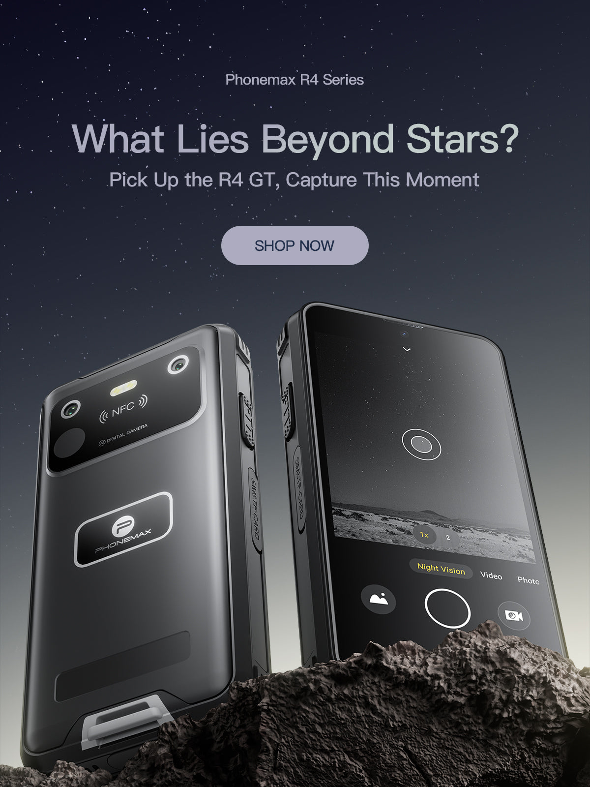Two black Phonemax R4 GT rugged phones standing on rocky terrain beneath a starry sky