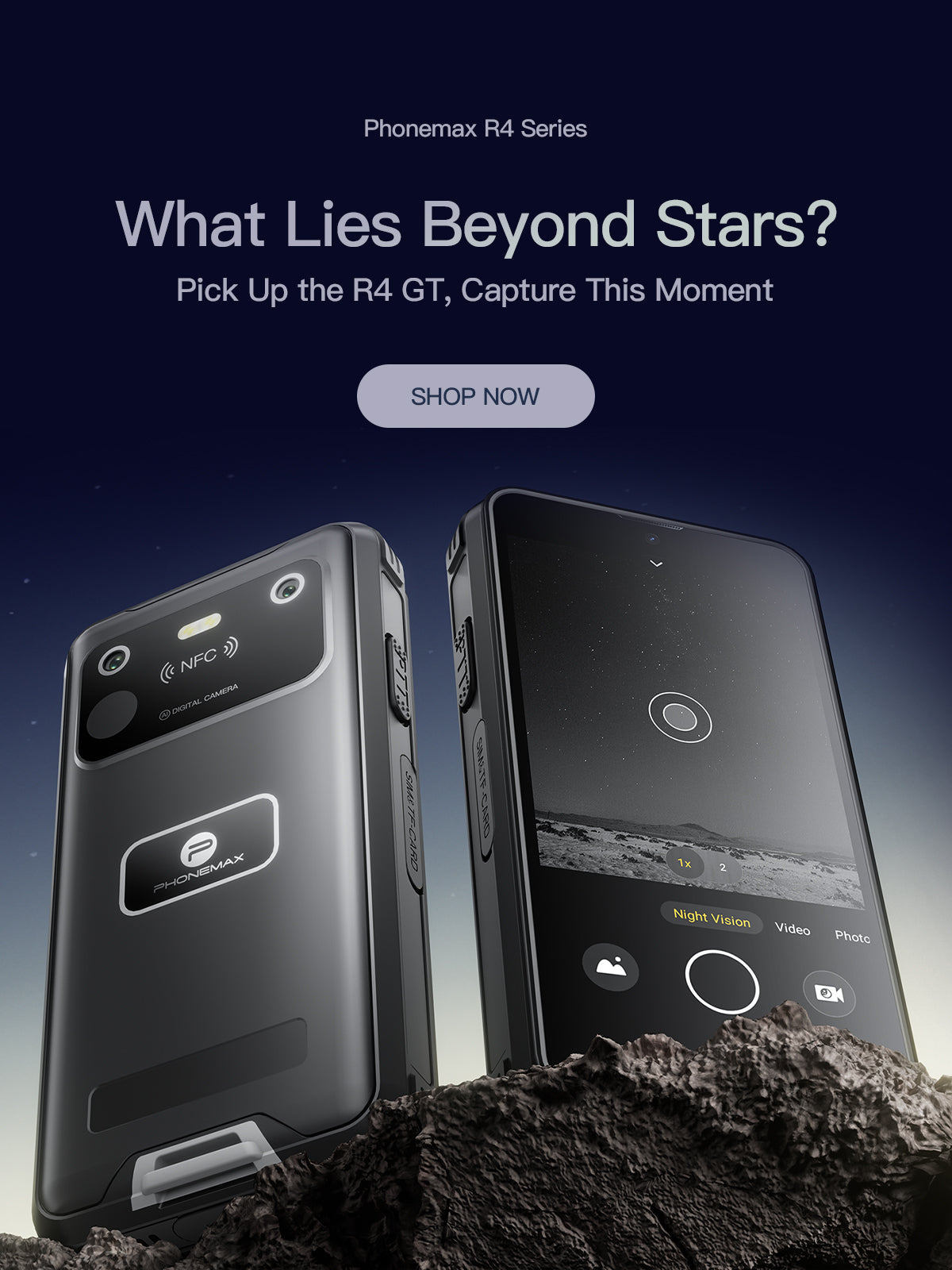 Two black Phonemax R4 GT rugged phones standing on rocky terrain beneath a starry sky
