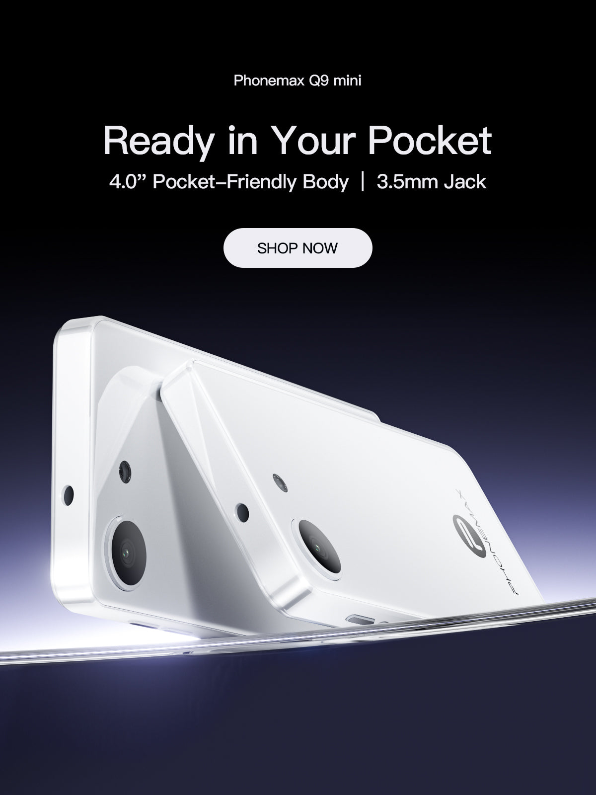 White Phonemax Q9 Mini phones shown from the rear in a compact pocket-ready design