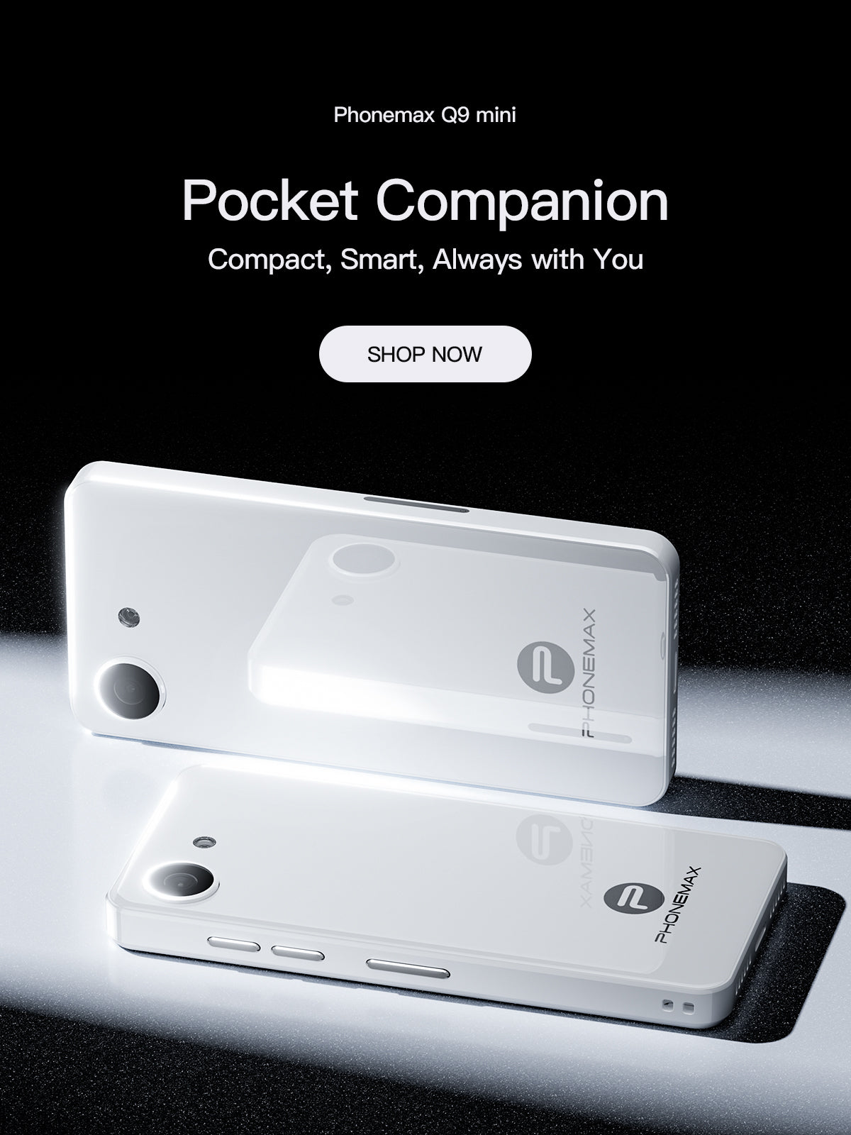 Two white Phonemax Q9 Mini compact phones displayed from the front and rear