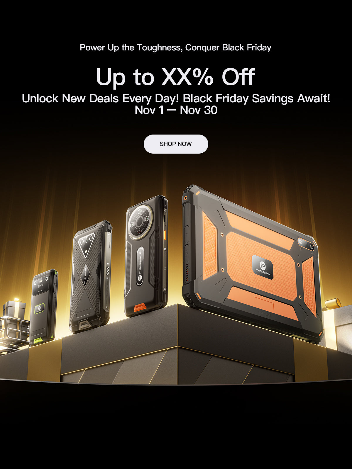 Phonemax rugged phone lineup displayed in a black and gold seasonal sale graphic