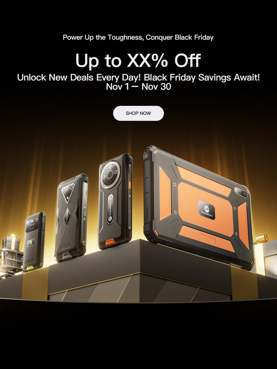Phonemax rugged phone lineup displayed in a black and gold seasonal sale graphic