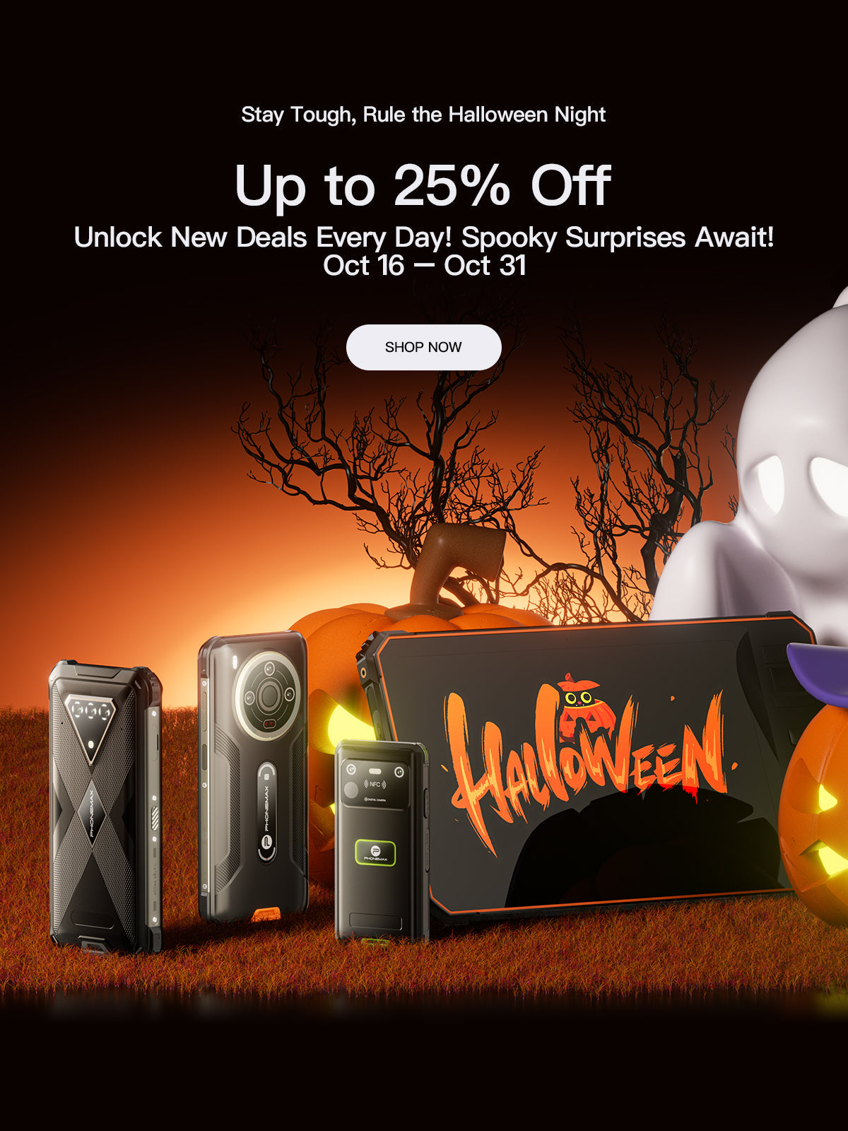 Phonemax rugged phone lineup in a vertical Halloween promotion with pumpkins