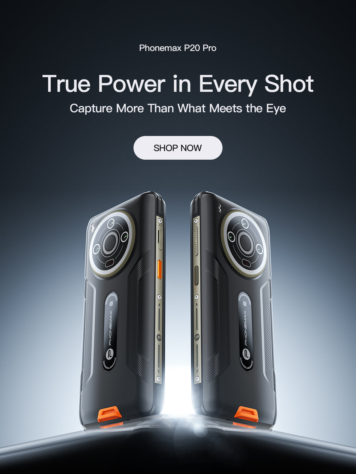 Two Phonemax P20 Pro phones highlighting a 200MP camera in a dark studio graphic
