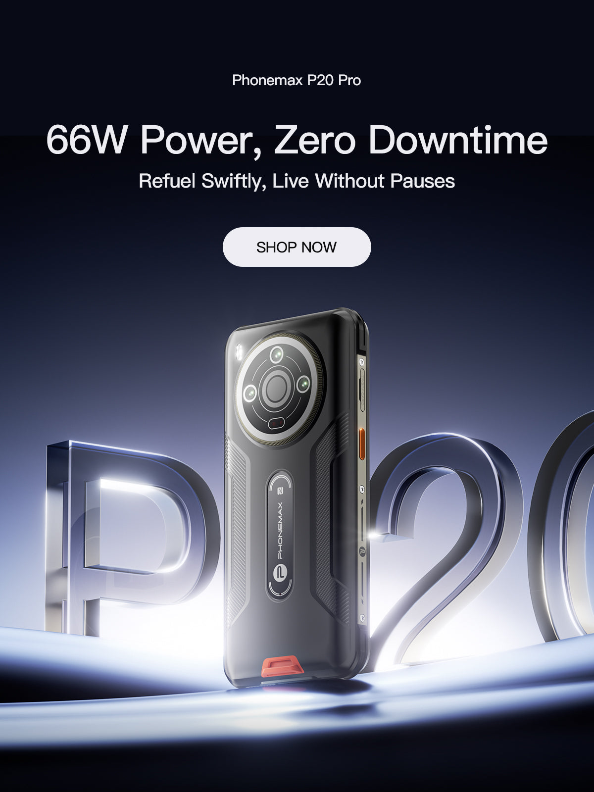 Phonemax P20 Pro rugged phone beside a large 200 graphic highlighting 66W charging