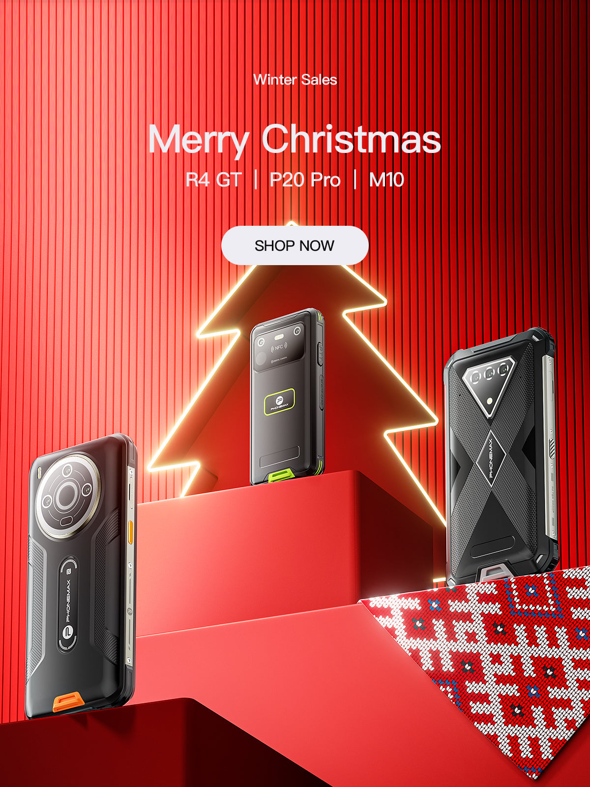 Phonemax rugged phone lineup arranged in a red Christmas gift-box promotional scene
