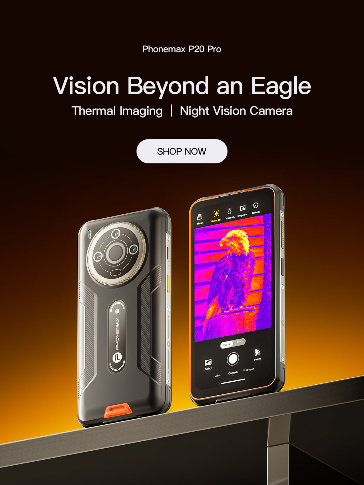 Phonemax P20 Pro shown from front and rear with thermal imaging and night vision displays