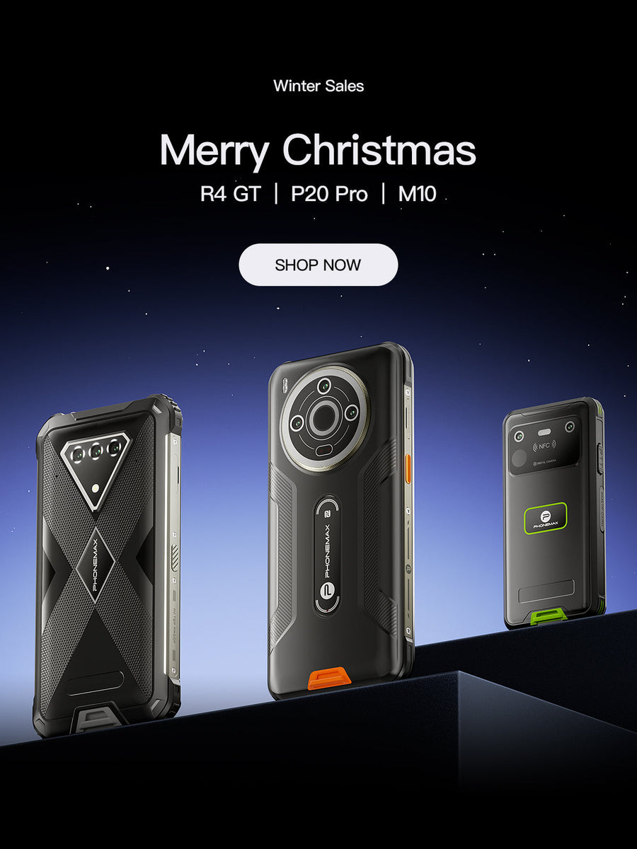 Phonemax rugged phone lineup arranged in a dark blue Christmas promotional display