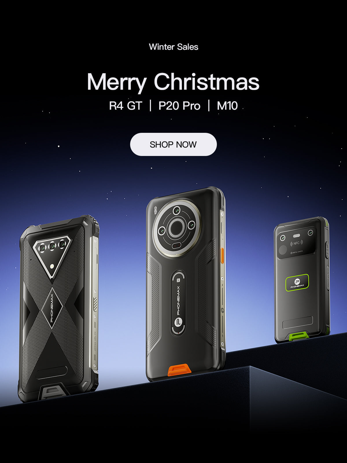 Phonemax rugged phone lineup arranged in a dark blue Christmas promotional display